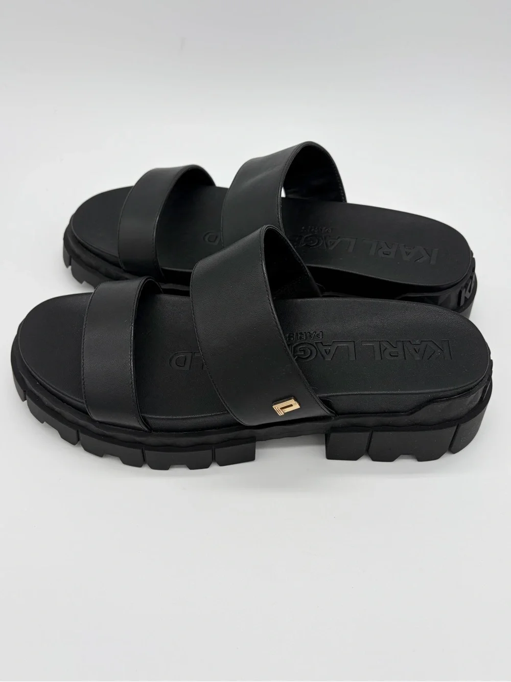 Karl Lagerfeld Black Double-Strap Lug Sole Slide Sandals